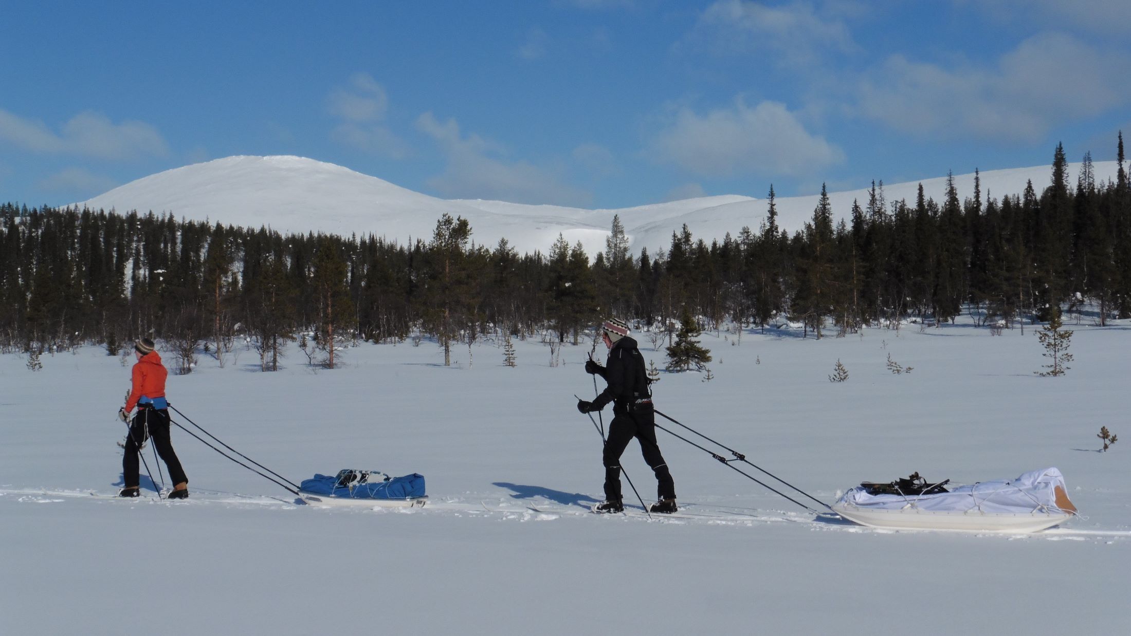 Two skiers pulling sledges through a beautiful fell scenery.