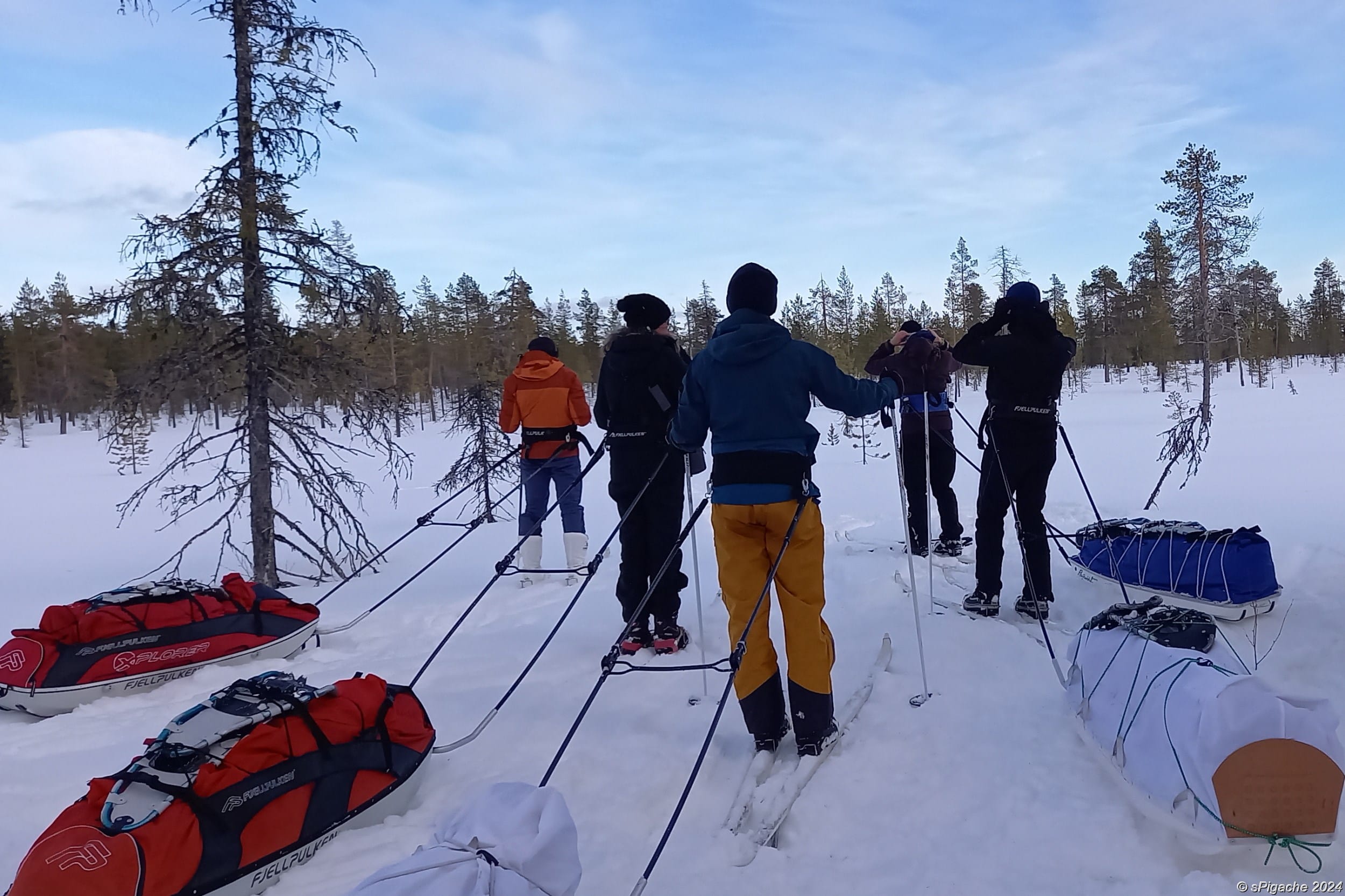 Skiers with pulks having a break