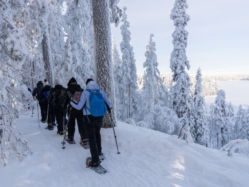 A group of snowshoers on a lake at sunset.